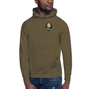 Moon Man Paints Original Logo — Unisex Hoodie — Military Green — front view on man model