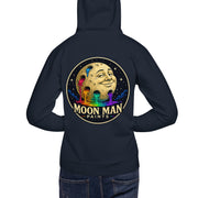 Moon Man Paints Original Logo — Unisex Hoodie — Navy Blazer — back view on man model