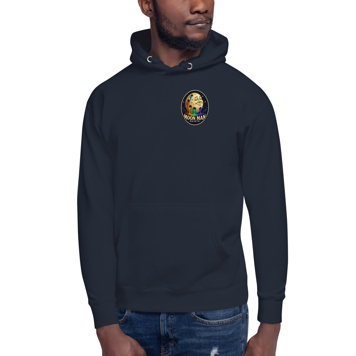 Moon Man Paints Original Logo — Unisex Hoodie — Navy Blazer — front view on man model