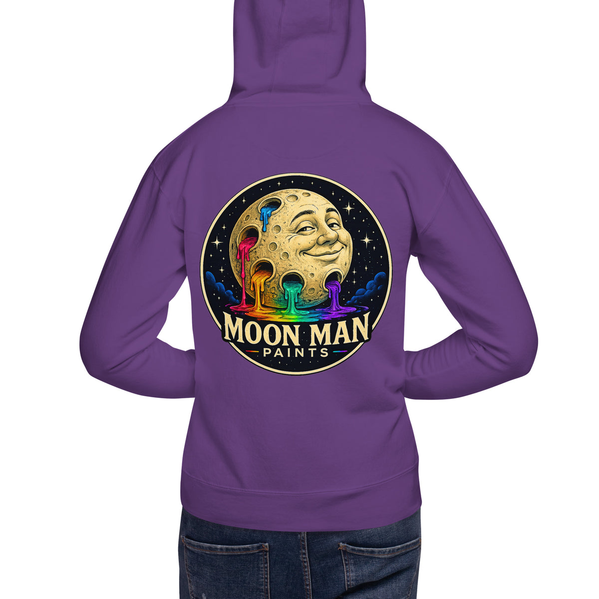Moon Man Paints Original Logo — Unisex Hoodie — Purple — back view on man model
