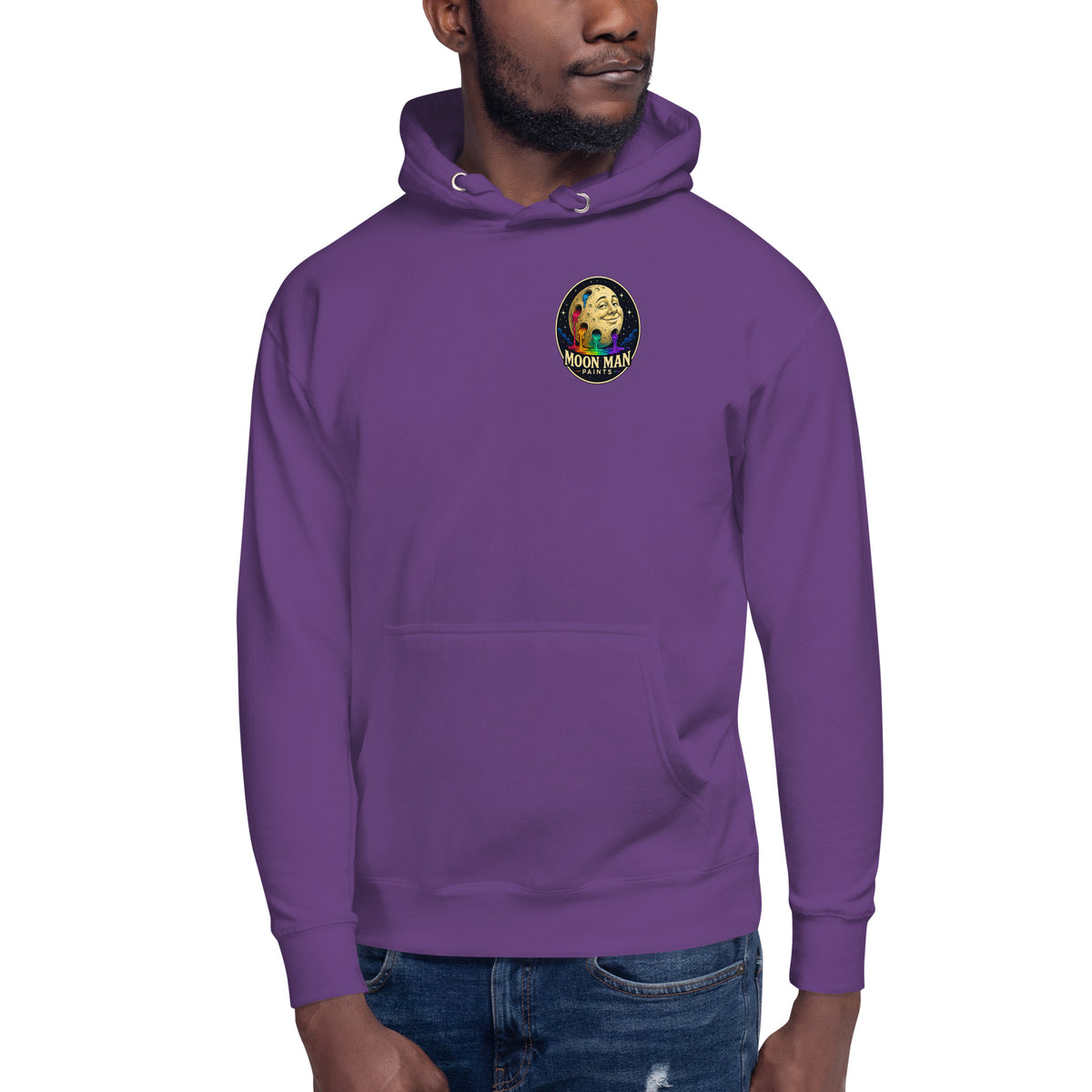 Moon Man Paints Original Logo — Unisex Hoodie — Purple — front view on man model