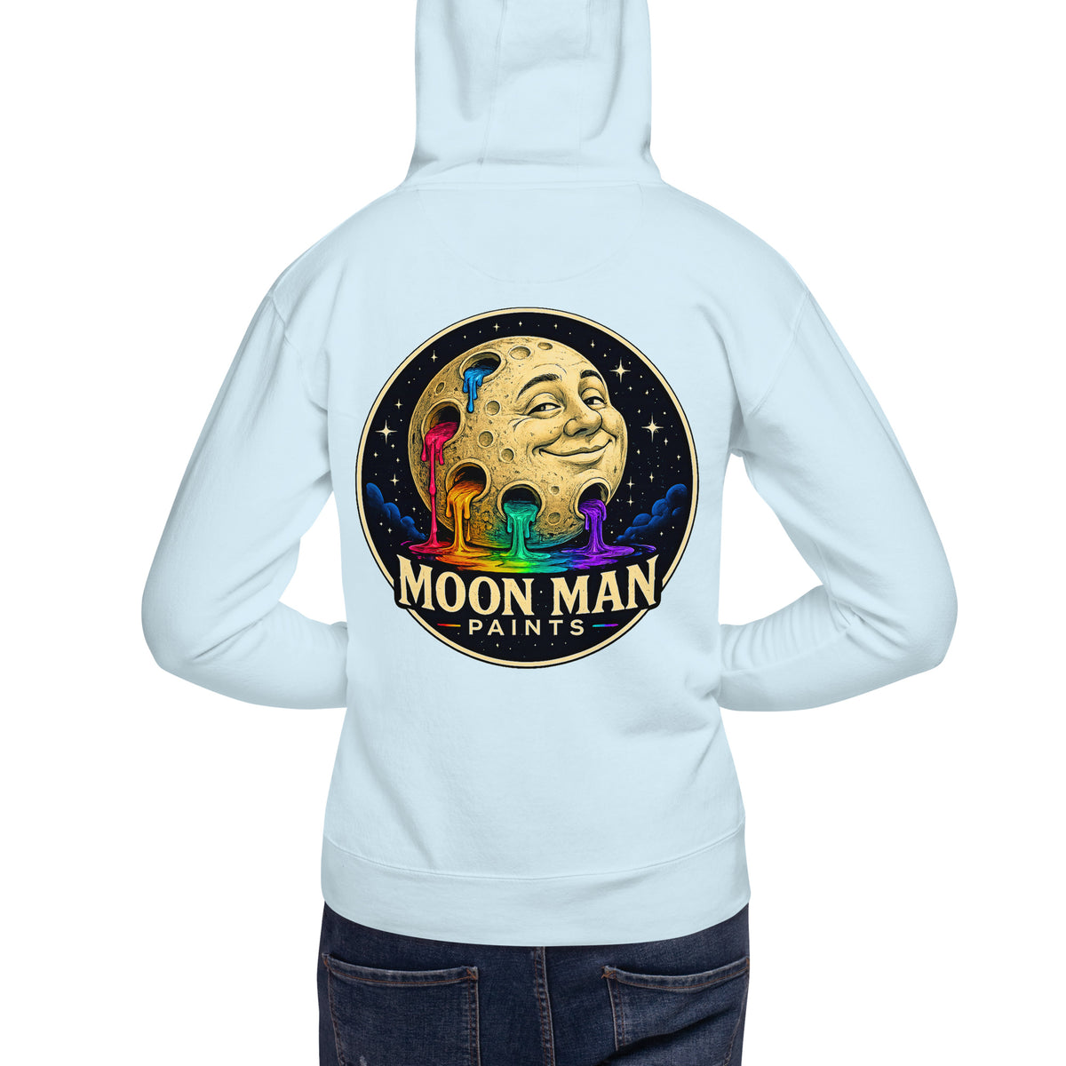 Moon Man Paints Original Logo — Unisex Hoodie — Sky Blue — back view on man model