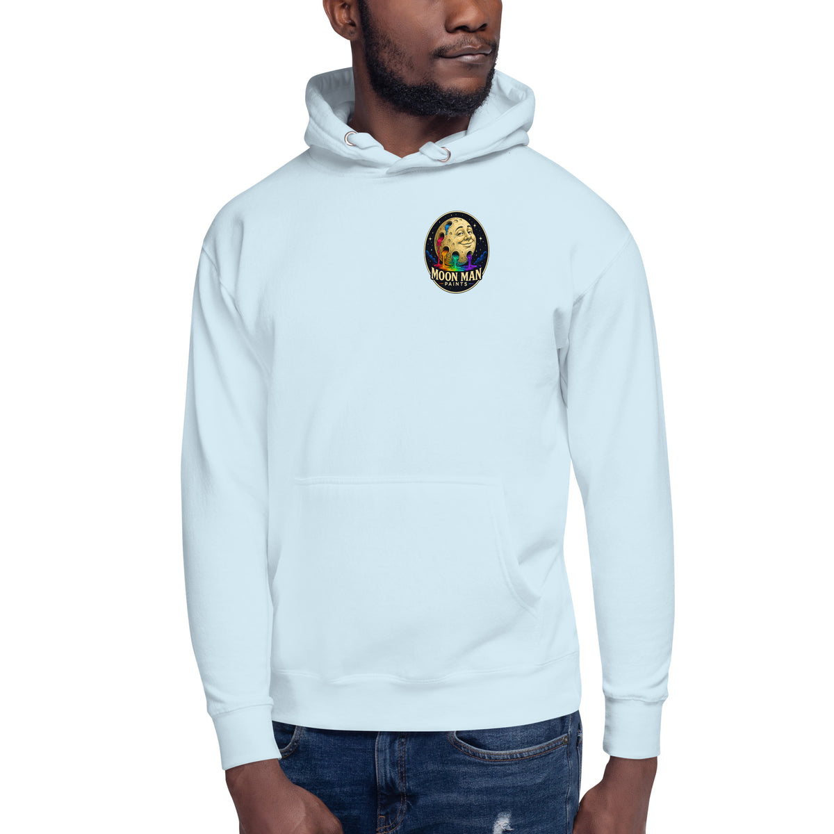 Moon Man Paints Original Logo — Unisex Hoodie — Sky Blue — front view on man model