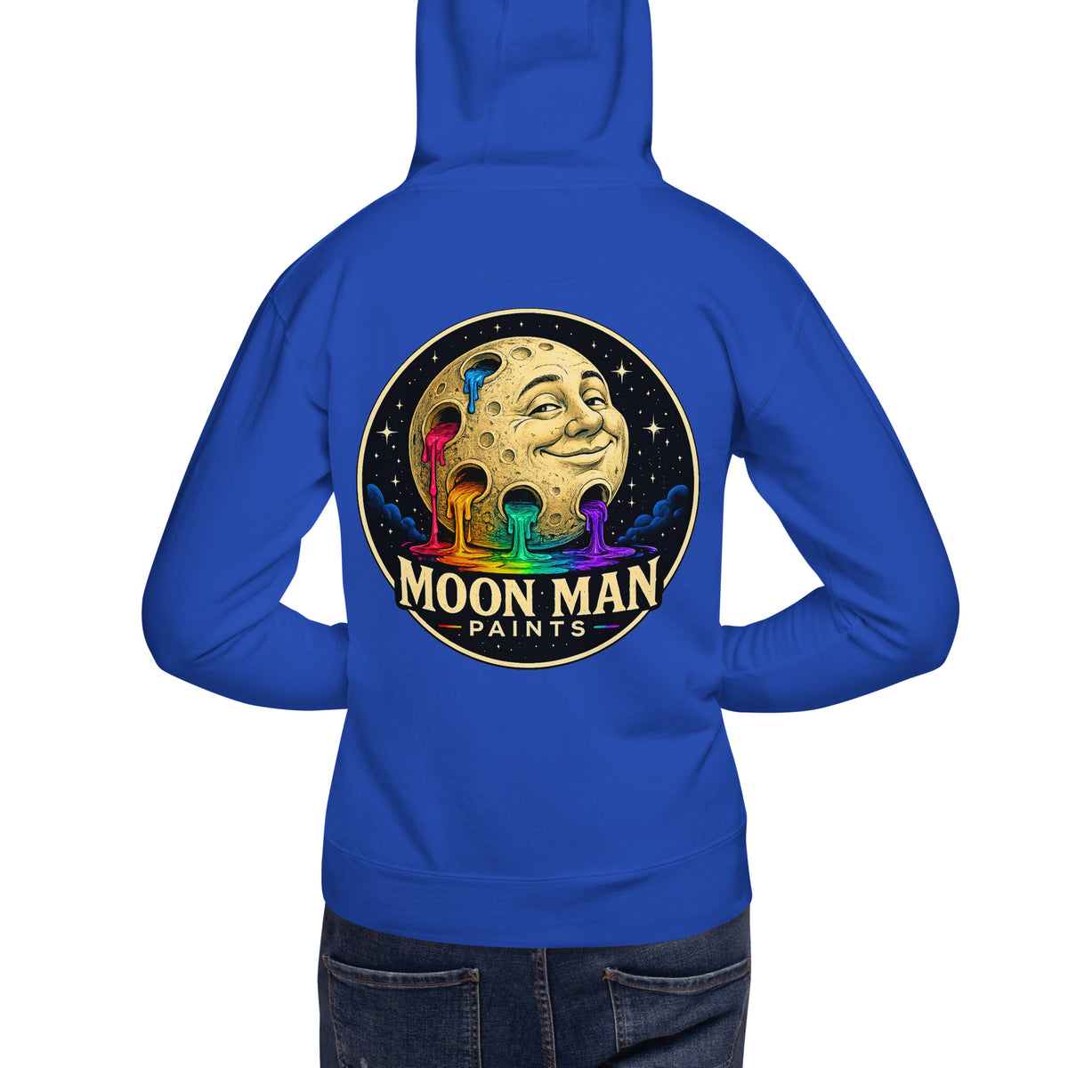 Moon Man Paints Original Logo — Unisex Hoodie — Team Royal — back view on man model