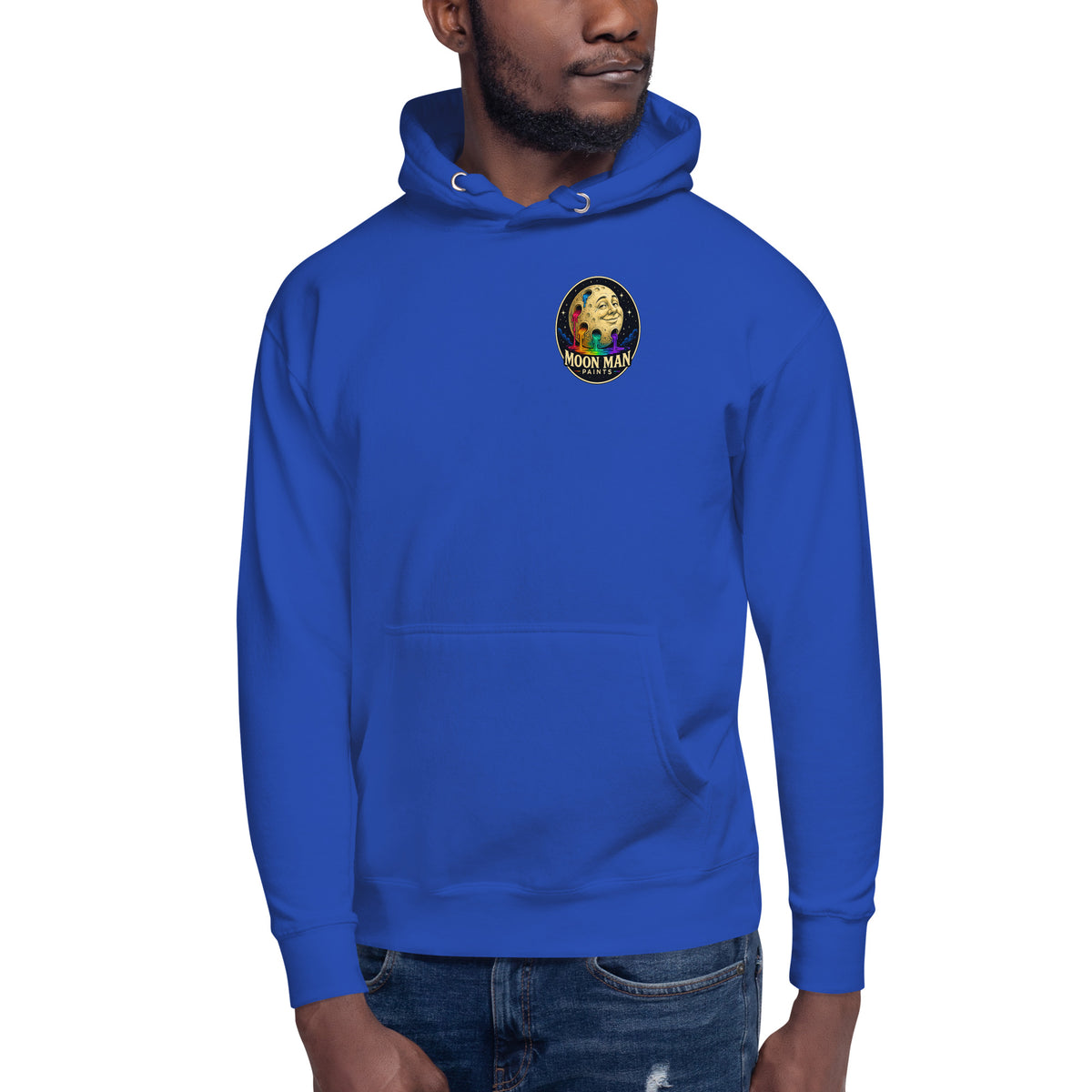 Moon Man Paints Original Logo — Unisex Hoodie — Team Royal — front view on man model