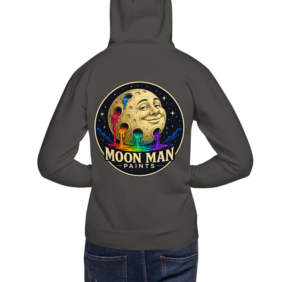 Moon Man Paints Original Logo — Unisex Hoodie — Vintage Black — back view on man model
