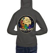Moon Man Paints Original Logo — Unisex Hoodie — Vintage Black — back view on man model