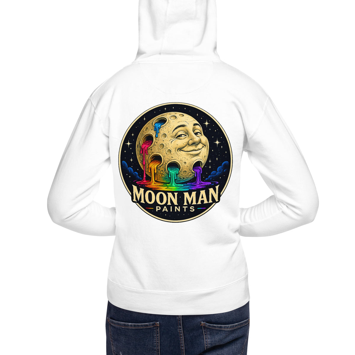 Moon Man Paints Original Logo — Unisex Hoodie — White — back view on man model