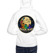 Moon Man Paints Original Logo — Unisex Hoodie — White — back view on man model