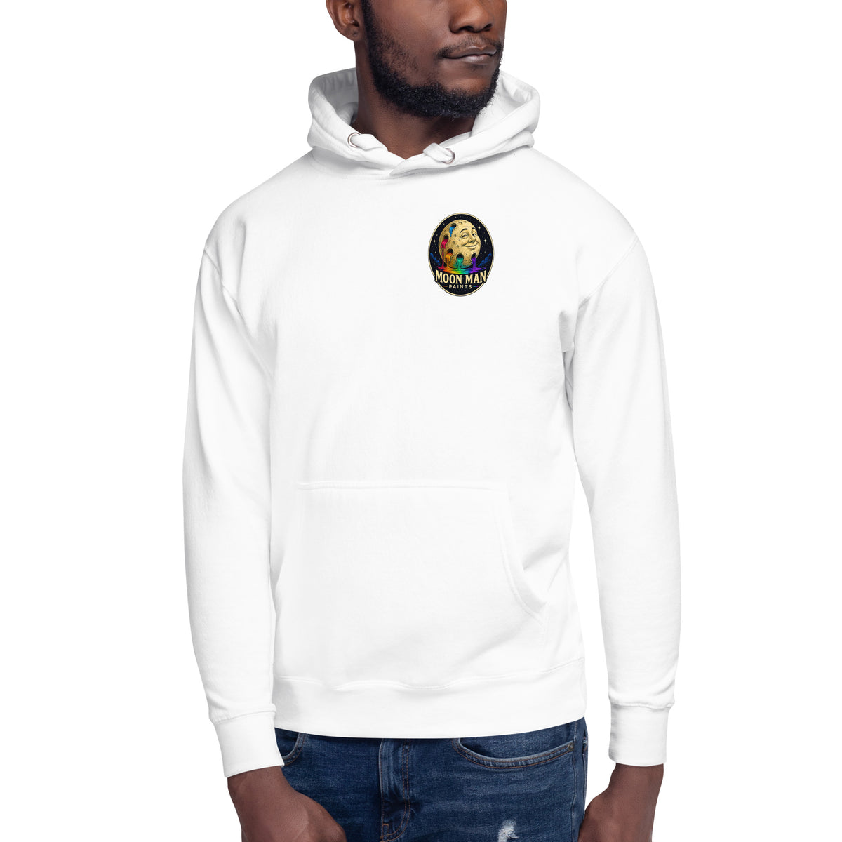 Moon Man Paints Original Logo — Unisex Hoodie — White — front view on man model