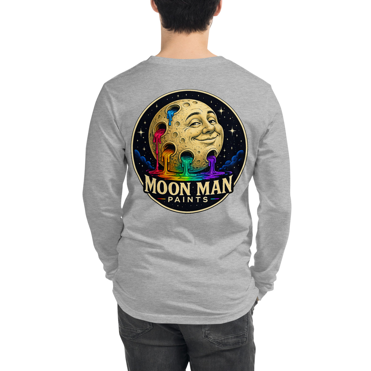 Moon Man Paints Original Logo — Unisex Long Sleeve Tee — Athletic Heather — back view on man model