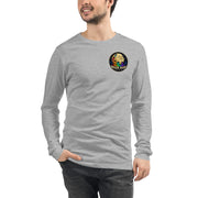 Moon Man Paints Original Logo — Unisex Long Sleeve Tee — Athletic Heather — front view on man model