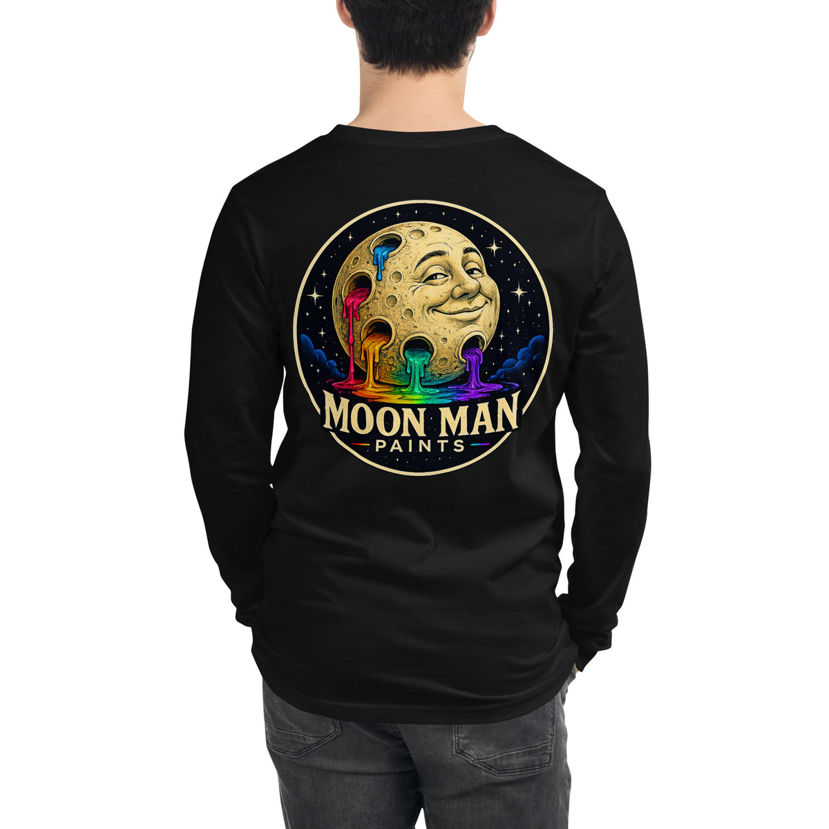 Moon Man Paints Original Logo — Unisex Long Sleeve Tee — Black — back view on man model