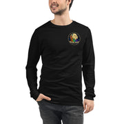 Moon Man Paints Original Logo — Unisex Long Sleeve Tee — Black — front view on man model