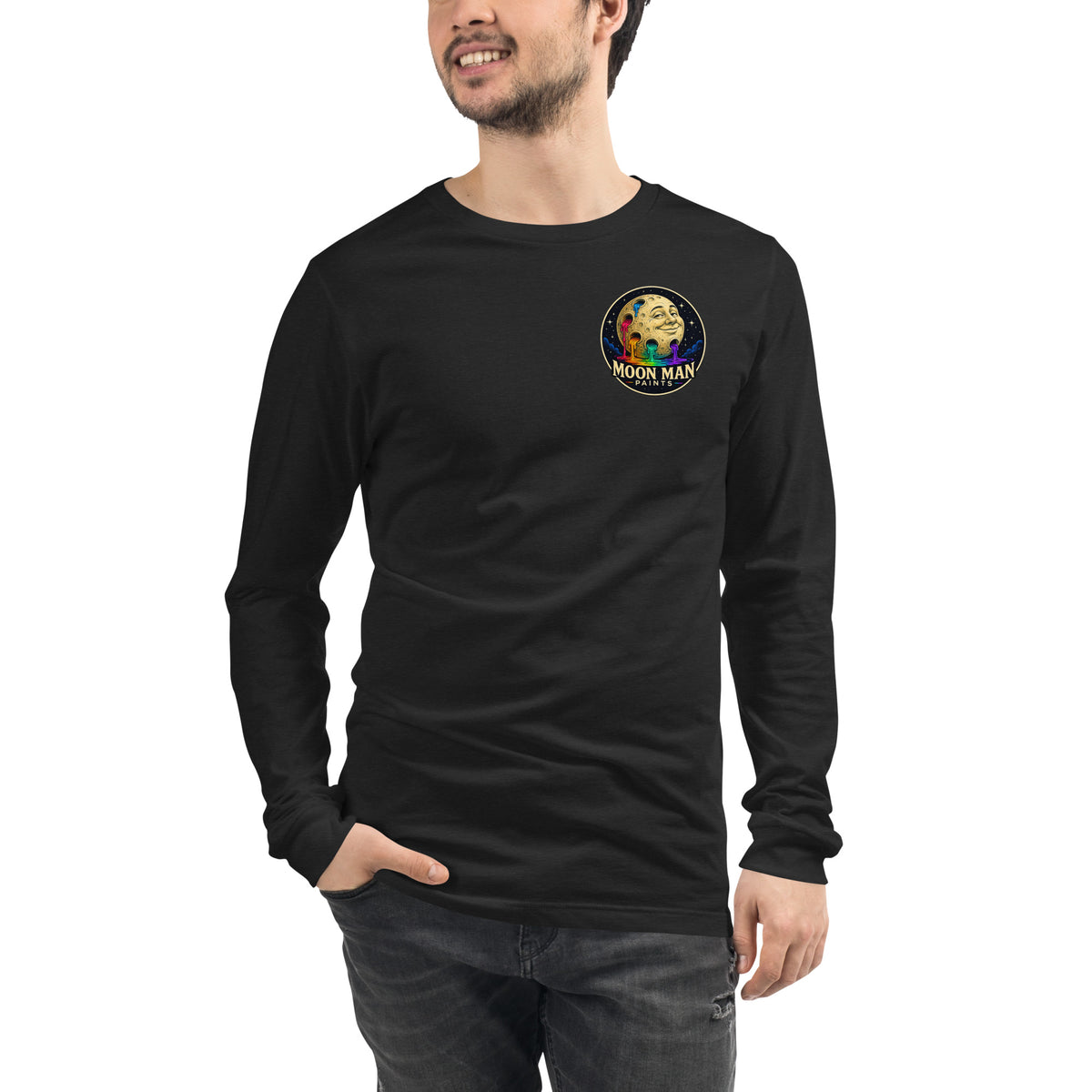 Moon Man Paints Original Logo — Unisex Long Sleeve Tee — Black Heather — front view on man model