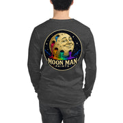 Moon Man Paints Original Logo — Unisex Long Sleeve Tee — Dark Grey Heather — back view on man model