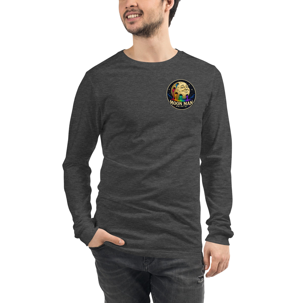 Moon Man Paints Original Logo — Unisex Long Sleeve Tee — Dark Grey Heather — front view on man model