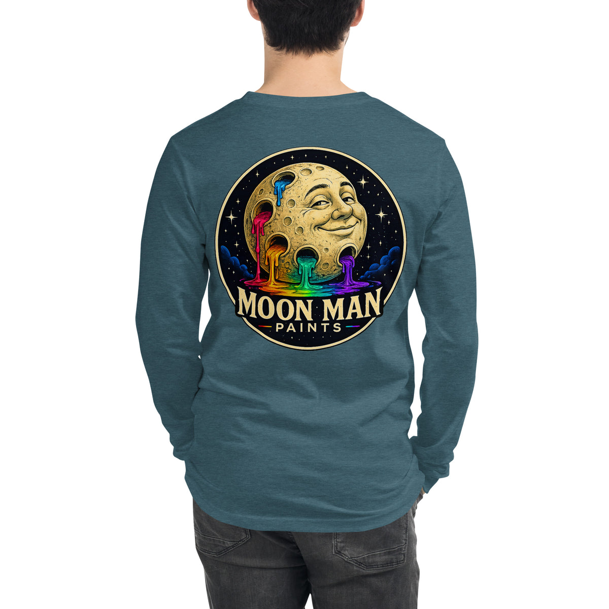 Moon Man Paints Original Logo — Unisex Long Sleeve Tee — Heather Deep Teal — back view on man model