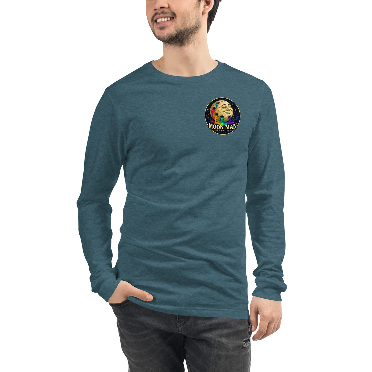 Moon Man Paints Original Logo — Unisex Long Sleeve Tee — Heather Deep Teal — front view on man model