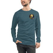 Moon Man Paints Original Logo — Unisex Long Sleeve Tee — Heather Deep Teal — front view on man model