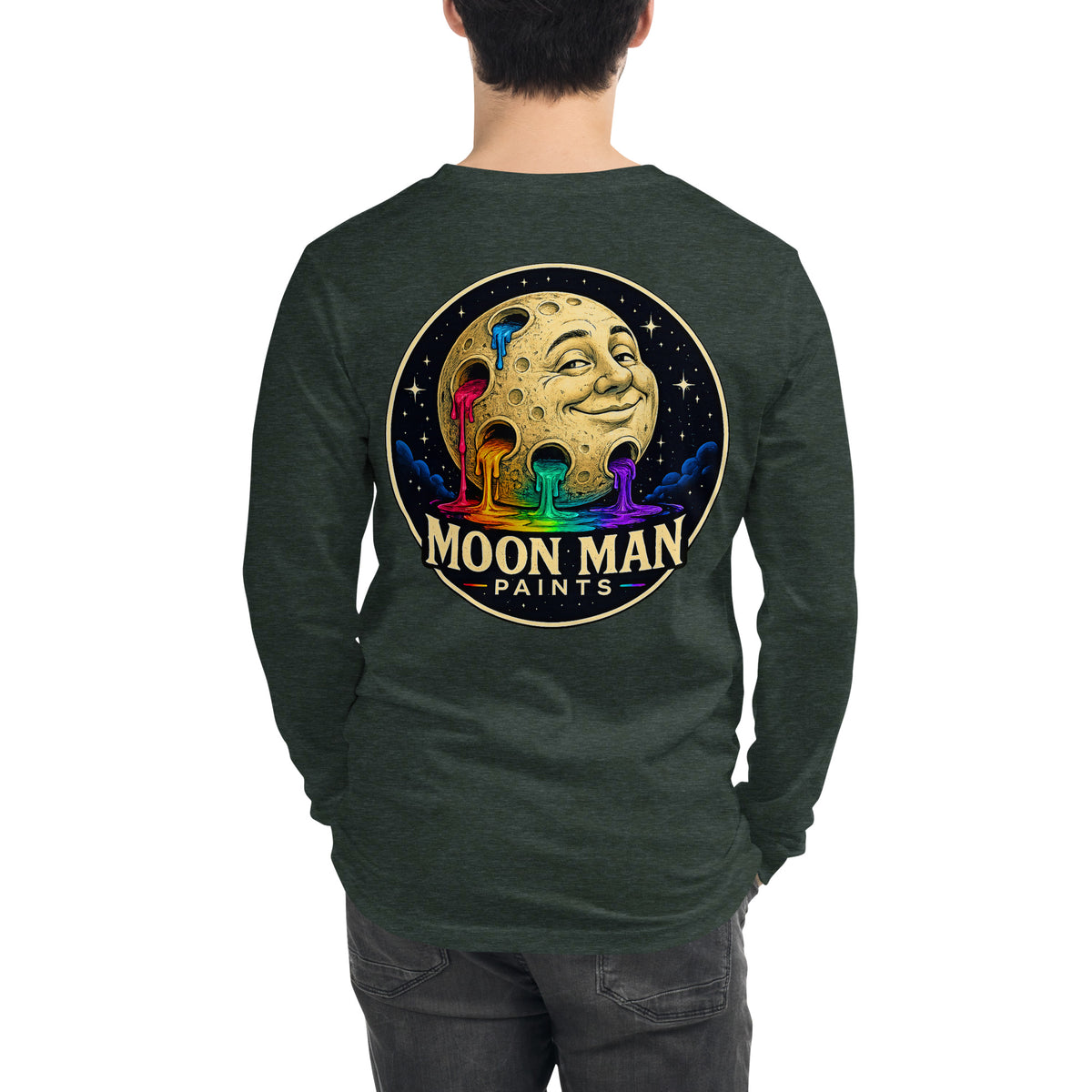 Moon Man Paints Original Logo — Unisex Long Sleeve Tee — Heather Forest — back view on man model
