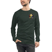 Moon Man Paints Original Logo — Unisex Long Sleeve Tee — Heather Forest — front view on man model