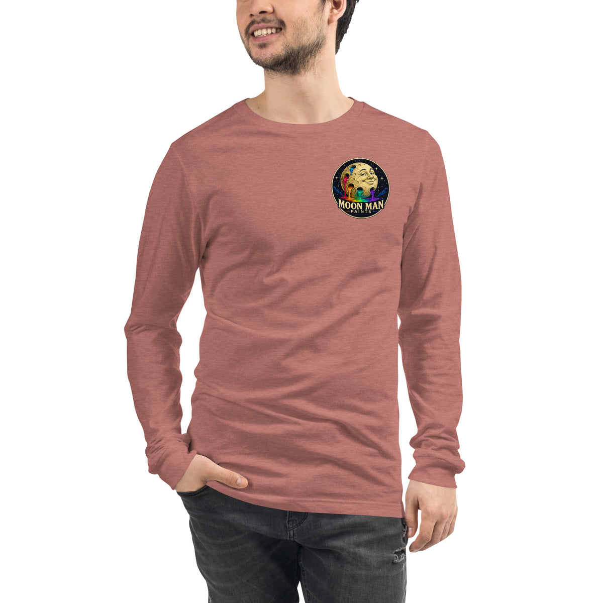 Moon Man Paints Original Logo — Unisex Long Sleeve Tee — Heather Mauve — front view on man model