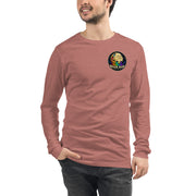 Moon Man Paints Original Logo — Unisex Long Sleeve Tee — Heather Mauve — front view on man model