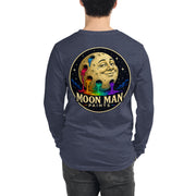 Moon Man Paints Original Logo — Unisex Long Sleeve Tee — Heather Navy — back view on man model