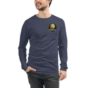 Moon Man Paints Original Logo — Unisex Long Sleeve Tee — Heather Navy — front view on man model