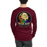 Moon Man Paints Original Logo — Unisex Long Sleeve Tee — Maroon — back view on man model
