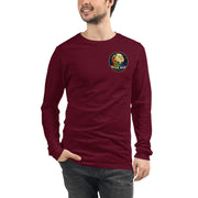 Moon Man Paints Original Logo — Unisex Long Sleeve Tee — Maroon — front view on man model
