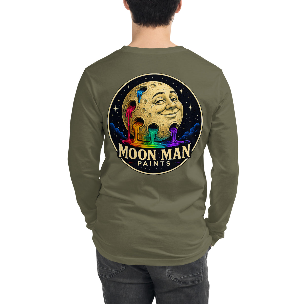 Moon Man Paints Original Logo — Unisex Long Sleeve Tee — Military Green — back view on man model