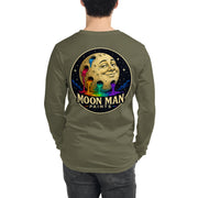 Moon Man Paints Original Logo — Unisex Long Sleeve Tee — Military Green — back view on man model