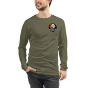 Moon Man Paints Original Logo — Unisex Long Sleeve Tee — Military Green — front view on man model
