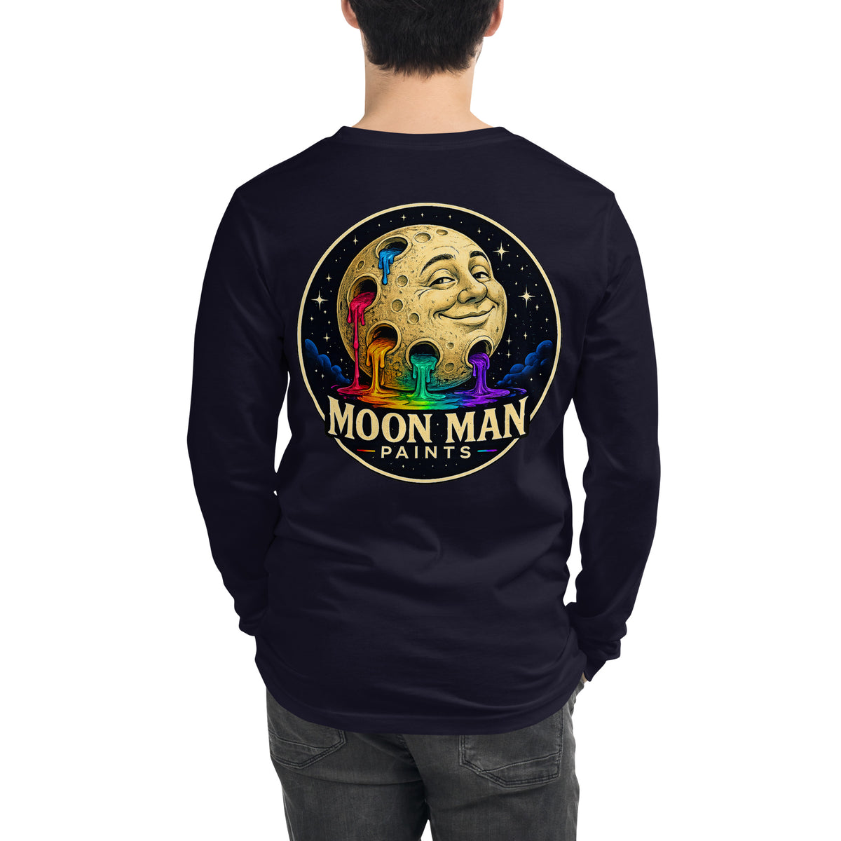 Moon Man Paints Original Logo — Unisex Long Sleeve Tee — Navy — back view on man model