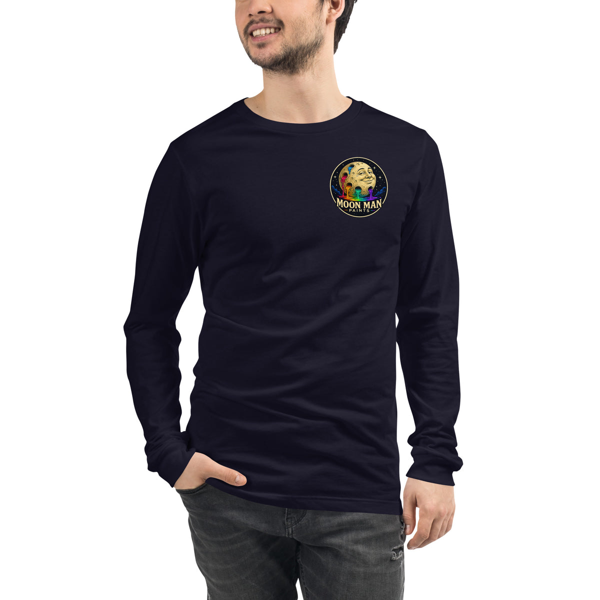 Moon Man Paints Original Logo — Unisex Long Sleeve Tee — Navy — front view on man model