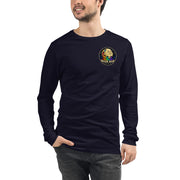Moon Man Paints Original Logo — Unisex Long Sleeve Tee — Navy — front view on man model