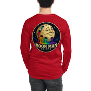 Moon Man Paints Original Logo — Unisex Long Sleeve Tee — Red — back view on man model