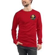Moon Man Paints Original Logo — Unisex Long Sleeve Tee — Red — front view on man model