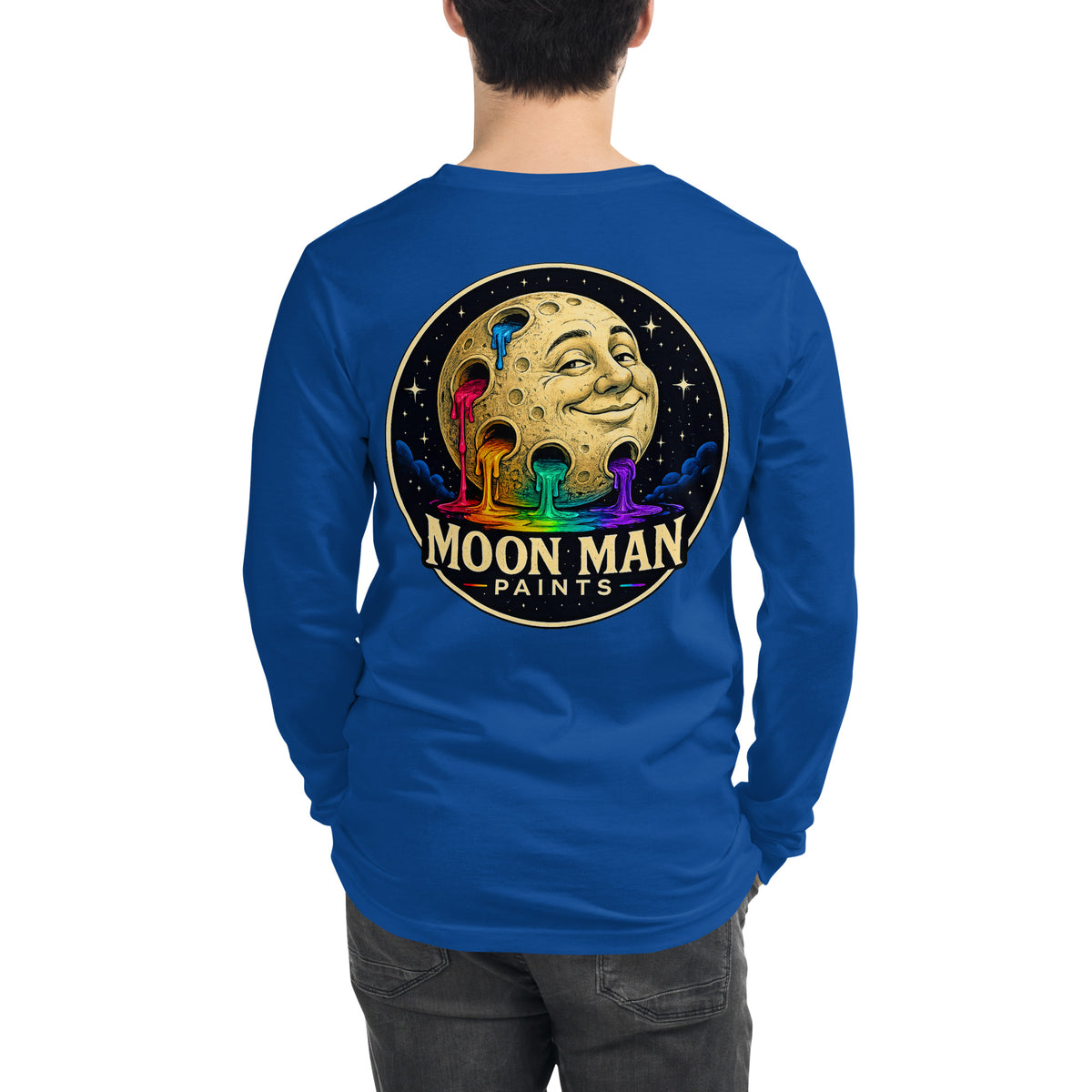 Moon Man Paints Original Logo — Unisex Long Sleeve Tee — True Royal — back view on man model