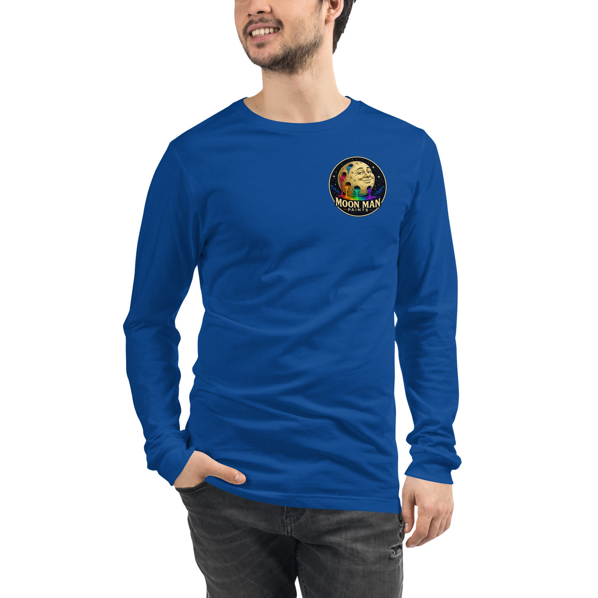 Moon Man Paints Original Logo — Unisex Long Sleeve Tee — True Royal — front view on man model