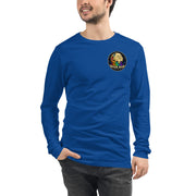 Moon Man Paints Original Logo — Unisex Long Sleeve Tee — True Royal — front view on man model