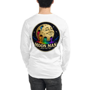 Moon Man Paints Original Logo — Unisex Long Sleeve Tee — White — back view on man model