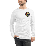 Moon Man Paints Original Logo — Unisex Long Sleeve Tee — White — front view on man model