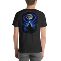 LOOK UP. STAY CURIOUS. — The Watcher Tee | Moon Man Paints — Black Heather — back view on man model