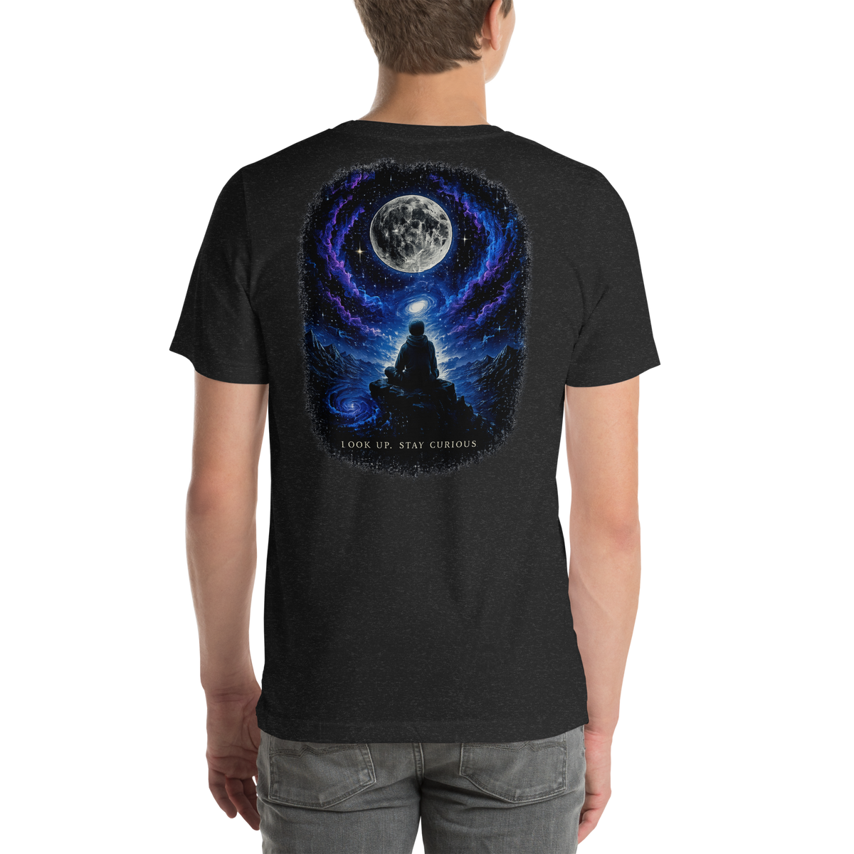 LOOK UP. STAY CURIOUS. — The Watcher Tee | Moon Man Paints — Black Heather — back view on man model