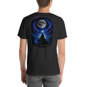 LOOK UP. STAY CURIOUS. — The Watcher Tee | Moon Man Paints — Black Heather — back view on man model