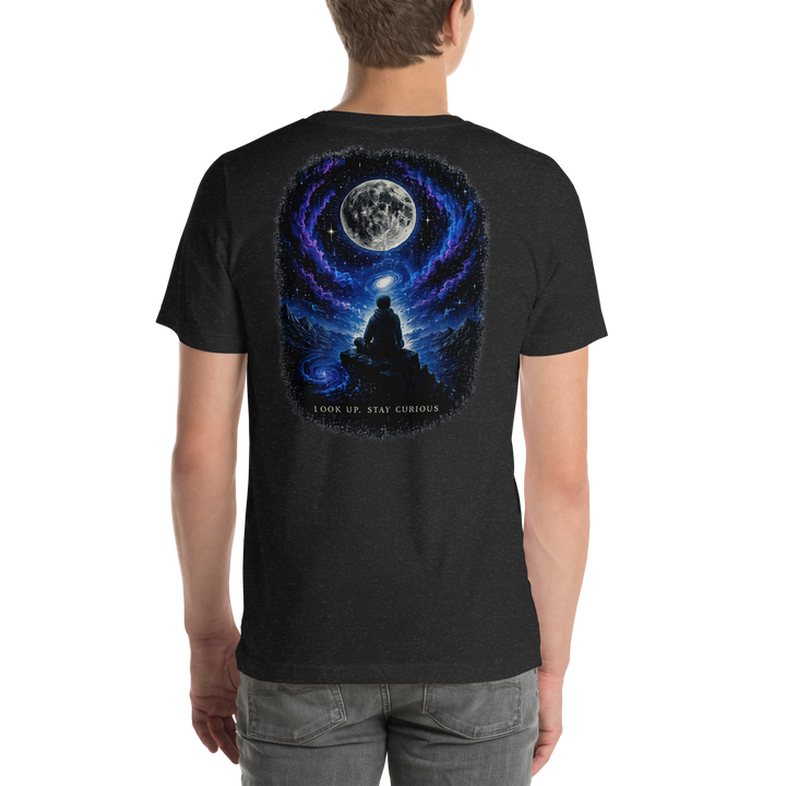 LOOK UP. STAY CURIOUS. — The Watcher Tee | Moon Man Paints — Black Heather — back view on man model