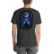 LOOK UP. STAY CURIOUS. — The Watcher Tee | Moon Man Paints — Dark Grey Heather — back view on man model